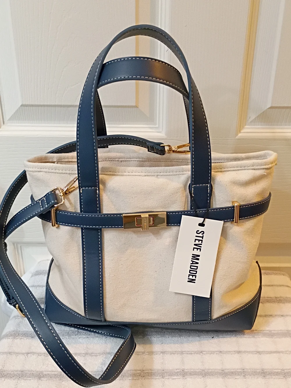 Steve Madden Cream and Navy Canvas Tote with Gold Hardware